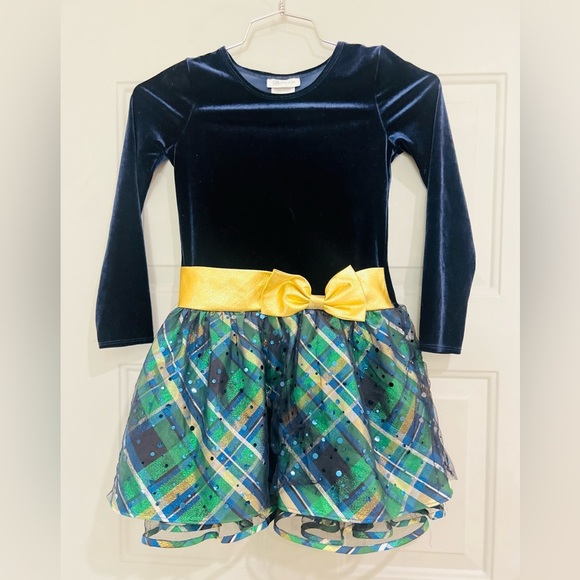 Bonnie Jean Girls Size 10 BLUE GREEN GOLD BOW" Christmas Hipster Dress - Picture 1 of 9